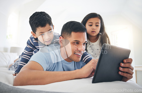 Image of Father, children and tablet, games or cartoon streaming online with internet, bonding and people relax together in bedroom. Watch animation film, man and kids at home with connection and subscription