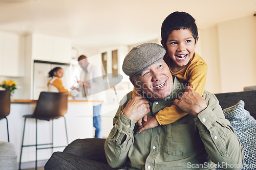 Image of Home, grandfather and boy relax, hug and happiness with love, family and quality time in the lounge. Male child, happy grandpa and kid embrace, bonding and care with joy, playful and weekend break