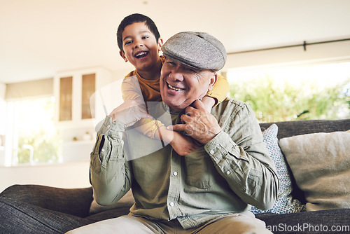 Image of Hug, grandfather and boy with a smile, relax and love with quality time, cheerful and weekend break in a home. Male child, grandpa and kid embrace, bonding and portrait with joy, playful and loving