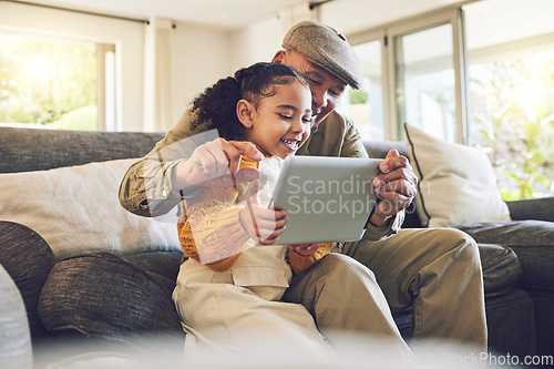 Image of Young girl, grandfather and tablet, games and entertainment, watch cartoon or e learning while at home. Bonding, love and spending quality time, old man and female child with gadget and internet