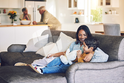 Image of Happy, mother and boy on a couch, love and quality time with happiness, loving together and cheerful. Female parent, mom and mama with male child, kid on a sofa and family in a home, care and break