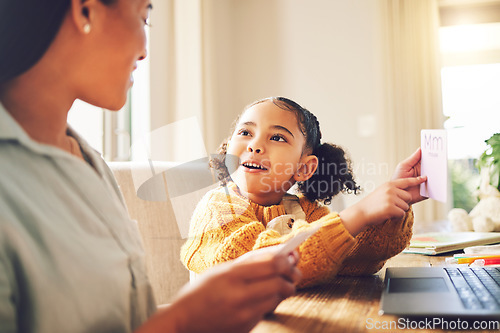 Image of Mom, child and alphabet card for reading, spelling and learning for literature, language and studying in family home. Letter, mother and daughter with teaching, education and focus for development