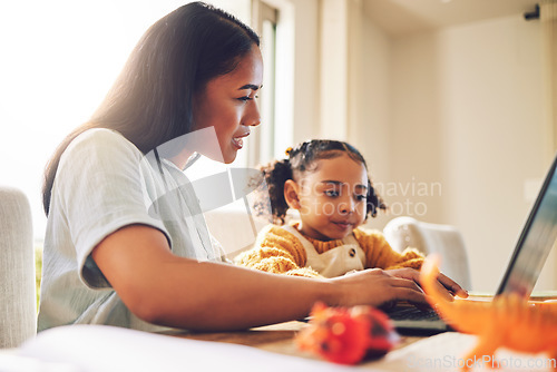 Image of Laptop, family and mother with girl for home education, website search and games for holiday, helping and support. Computer, watch and live streaming service of latino mom and child with e learning