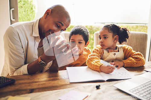 Image of Counting, teaching and father with children for home education, school development and math support or help. Family, dad and kids with numbers, hands and guide for kindergarten knowledge and learning