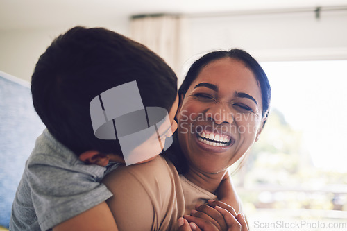 Image of Funny, mother and hug child in home, bonding and having fun together. Happy, mom and embrace kid, laughing and smile with care, love and affection, play and enjoying quality time to relax with family