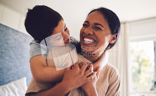 Image of Funny, mother and piggyback child in home, bonding and having fun together. Happy, mom and hug kid, laughing and smile with care, love and support, play and enjoying quality time to relax with family