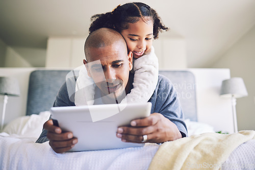 Image of Girl, hug or father with tablet for streaming a movie to relax together and watch cartoon in family home. Affection, love or child with dad for quality bonding time with gadget on internet in bedroom