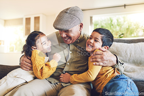 Image of Hug, grandfather or happy children in family home on sofa with love enjoying quality bonding time together. Smile, affection or senior grandparent relaxing with young kids or siblings on house couch