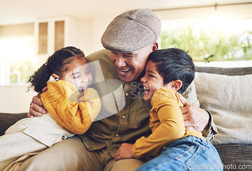 Image of Hug, grandpa or happy kids laughing in family home on sofa with love enjoying bonding time together. Smile, affection or senior grandfather relaxing with funny children siblings on couch in house