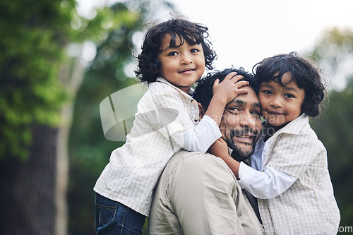 Image of Portrait, smile and father with children at park, nature or outdoor on vacation. Face, happy family and kids with dad, bonding and having fun, care or enjoying quality time together on holiday travel