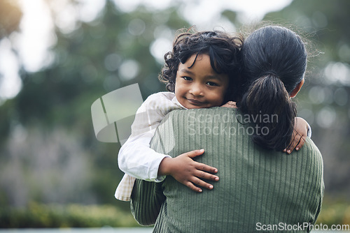 Image of Love, care and portrait of child hug mother at outdoor park bonding for trust and happy for quality time together. Smile, mama and kid embrace parent or mom for happiness and support in mockup space