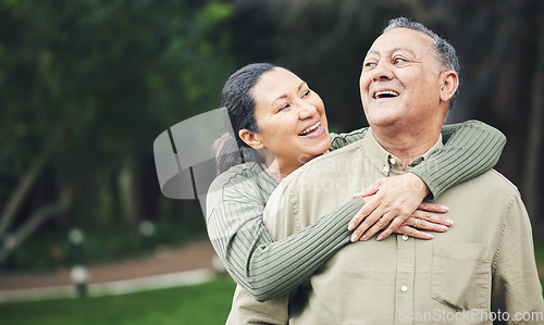 Image of Love, happy and senior couple hugging in nature in outdoor park with care, happiness and romance. Smile, sweet and elderly man and woman in retirement embracing and bonding together in green garden.
