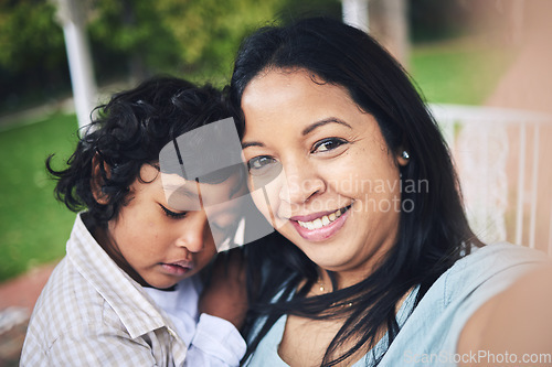 Image of Face, selfie and mother smile with kid outdoor taking photo for happy memory, social media or profile picture. Family portrait, mom and boy child sleeping, bonding and enjoying quality time together.