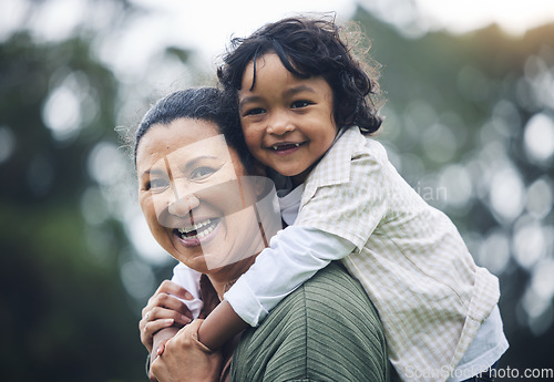 Image of Funny face, grandmother and piggyback kid at park, nature or outdoor on vacation. Portrait, happy and grandma carrying child, bonding and laughing, care and enjoying quality time together with bokeh.