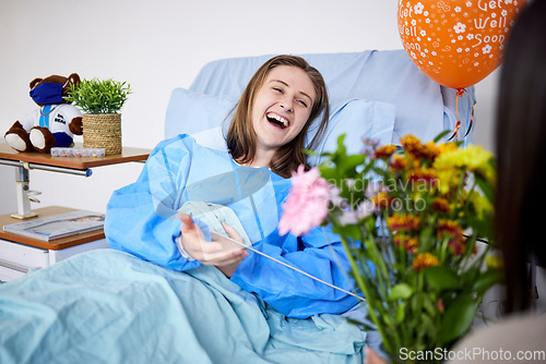 Image of Sick, hospital patient and visitor with flowers at bed with a woman in recovery with support. Healthcare, medical insurance and person with good service, family and care with get well soon balloons