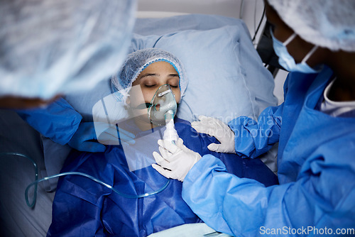 Image of Doctor, hospital bed or woman with an oxygen mask, respiratory or operation for healthcare recovery. Medical surgeon, anesthesia or sick patient with breathing equipment for ventilation in emergency