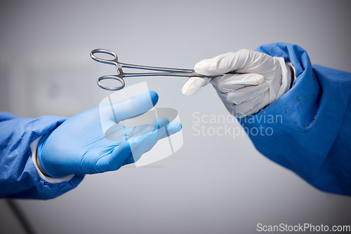 Image of Surgery, hands or doctors with scissors with medicine or surgical procedure or healthcare in hospital. People, medical safety tools or closeup of surgeon in gloves helping in operating room in clinic