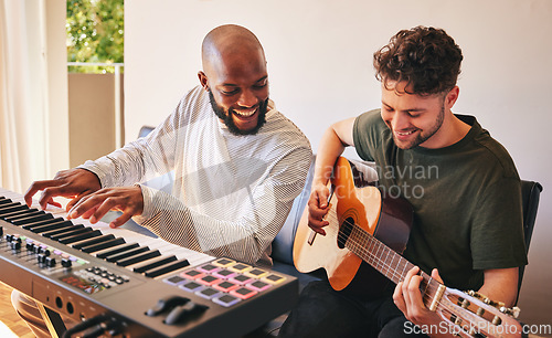 Image of Friends, men and piano with guitar for happy song production in home studio together. Band, sound musicians and collaboration with keyboard, acoustic instrument and creative talent for performance