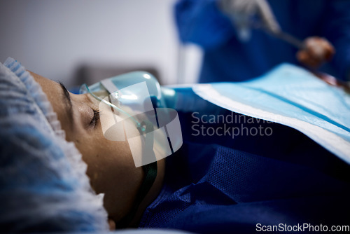 Image of Doctor, sleeping or sick woman with an oxygen mask or respiratory for healthcare recovery in hospital bed. Medical surgeon, anesthesia or patient with breathing equipment for ventilation in emergency