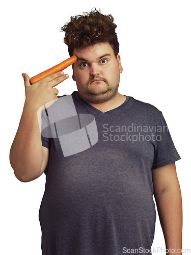 Image of Plus size, carrot gun and man in portrait isolated on a transparent png background. Vegetables, carrots and sad person unhappy with diet, nutrition and vitamins, plants and food, health or wellness.