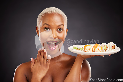 Image of Surprise, sushi and portrait of woman with salmon, rice and excited for eating a platter of fish, seafood or luxury food. Healthy menu, lunch or plate of dinner with sashimi from Asian restaurant