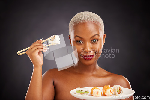 Image of Sushi, Japanese food and portrait of woman with salmon, rice and chopsticks for eating a platter of fish, seafood or luxury. Healthy lunch or plate with dinner of sashimi from Asian restaurant