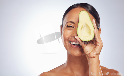 Image of Skincare, face and mature woman with avocado in studio isolated on a white background mockup. Happy, natural fruit and portrait of senior model with nutrition, healthy diet and omega 3 for anti aging