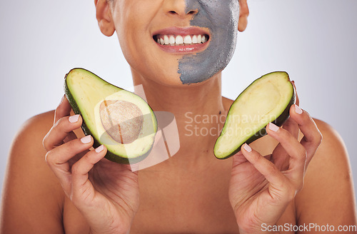 Image of Woman, skincare, with avocado and face mask with charcoal, clay or natural beauty product for wellness, detox or nutrition. Fruit, healthy cosmetics and girl happy with green or vegan facial care