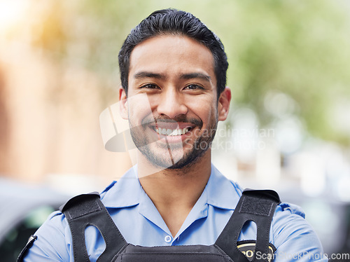 Image of Portrait of man, security guard or smile of safety officer for protection service or patrol in city. Law enforcement, professional crime prevention or face of happy asian policeman in uniform outdoor