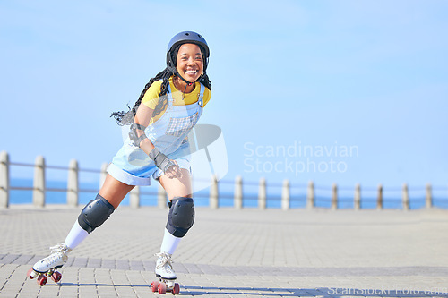 Image of Skating, portrait and woman on promenade for learning, fun and weekend skate. Summer, smile and African person with mockup while on roller skates for a trendy activity, hobby and vacation in street