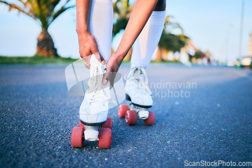 Image of Leg injury, roller skates and hands on street for exercise accident, workout or training mockup. Skating, shoes of person and pain on road, arthritis or medical emergency, fibromyalgia and hurt ankle