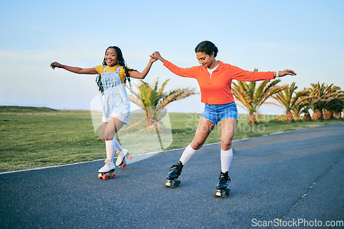 Image of Roller skates, holding hands and friends on street for workout, exercise or training outdoor. Skating, happy people and girls together for sports on road to travel, journey and moving for fitness.