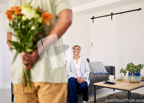 Image of Flower bouquet, senior couple or surprise gift for Valentines Day, anniversary or marriage love, care and bond. Home, natural and back of old man with hidden floral present to celebrate Birthday wife