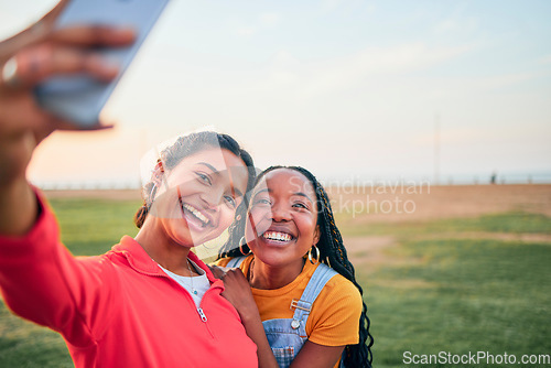 Image of Selfie, happy and friends in nature for social media memory, update or together in summer. Smile, diversity and women taking a digital photo at a park for travel, vacation or relax on a holiday