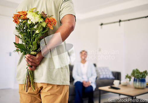 Image of Flowers bouquet, elderly couple or surprise present for Valentines Day, romance or marriage celebration, care or bond. Home, special event or back of senior man hide floral gift to celebrate birthday