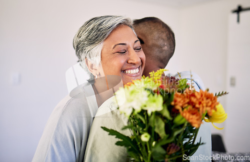 Image of Flower bouquet, senior couple hug or gift for Valentines Day, anniversary or marriage love, care and support. Home bond, natural or elderly woman, man or excited people with floral retirement present