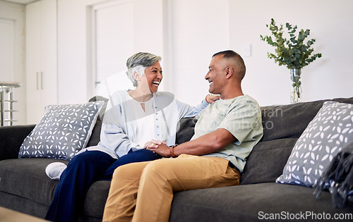 Image of Love, communication or laughing senior couple bond, relax and enjoy quality time, talking or chat in apartment. Lounge, marriage comedy or elderly woman, man or people laugh at home retirement joke