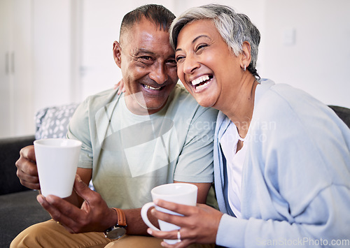 Image of Love, coffee cup or senior couple laughing, talk and enjoy funny conversation, morning drink or home humour. Morning tea mug, comedy or portrait of elderly man, woman or people laugh at marriage joke