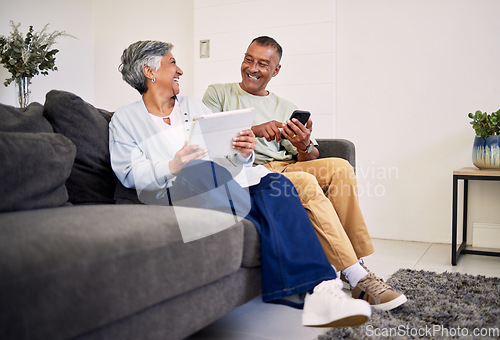 Image of Phone, tablet or senior couple laughing at funny social network meme, conversation or comedy news video. Technology, communication or elderly people laugh at marriage relationship joke in Mexico home