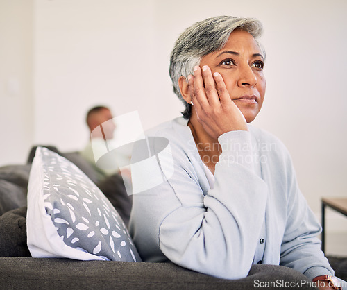 Image of Sad woman, fight and problem of couple in divorce, depression and ignore conflict at home. Face of female person thinking of argument, bad marriage and emotions for breakup, stress or jealous partner