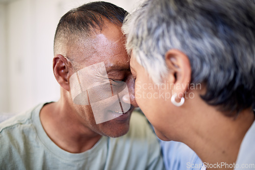 Image of Closeup, forehead and senior couple with love, marriage and retirement with happiness, romance and care. Romantic, elderly woman and old man embrace, relationship and loving together with affection