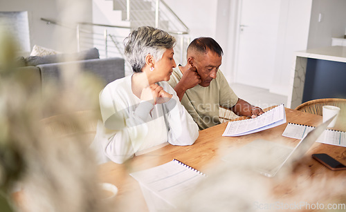 Image of Senior, couple and planning budget, home bills or insurance with paperwork together for a mortgage. Serious, payment and an elderly man and woman with paper for a house loan or contract for banking