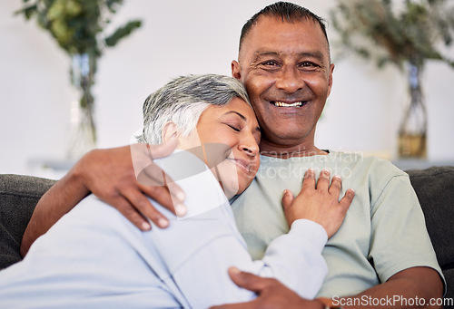 Image of Home, hug and senior couple with love, relationship and retirement with affection, romantic and bonding. Romance, old woman or elderly man embrace, relationship or relax with care and loving together