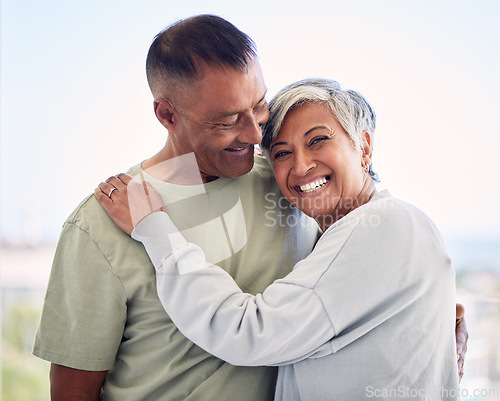 Image of Hug, portrait and senior couple smile, bonding and enjoy quality time together, holiday or vacation in Brazil. Outdoor sunshine, marriage love and elderly man, old woman or people embrace for care