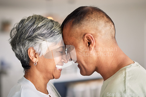 Image of Home, forehead and senior couple with love, happiness and retirement with romance, affection and bonding. Romantic, old woman or elderly man embrace, relationship and loving together with affection