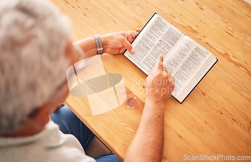 Image of Above, reading book or old man with holy bible for worship, support or hope in Christianity faith in retirement. Jesus, God or senior person studying or learning gospel prayer in spiritual religion