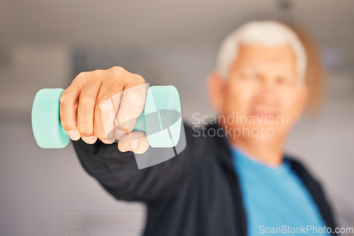 Image of Old man, hand or dumbbell fitness workout for power, exercise and strong arms in retirement. Activity closeup, gym blur or senior person training with weights for healthy life, wellness or mobility