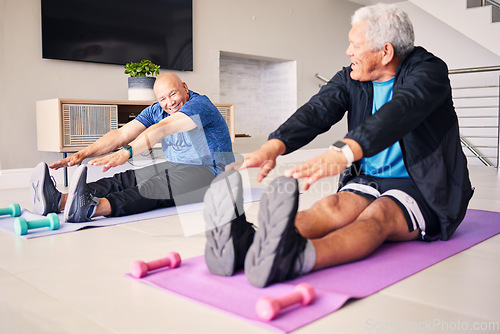 Image of Senior, home or men stretching legs for fitness together for training, exercise or workout with wellness. Happy retirement, smile or elderly friends with teamwork for health, warm up or flexibility