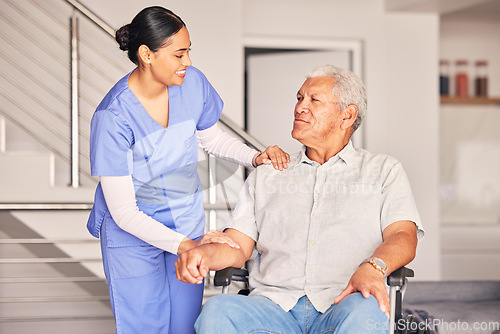 Image of Happy woman, nurse and talking to patient in wheelchair for support, medical service and physical therapy in retirement home. Caregiver helping elderly person with disability, healthcare and nursing