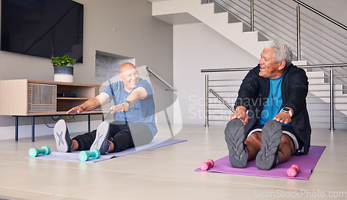 Image of Elderly, home or men stretching legs for fitness together for training, exercise or workout with wellness. Happy retirement, smile or senior friends with teamwork for health, warm up or flexibility